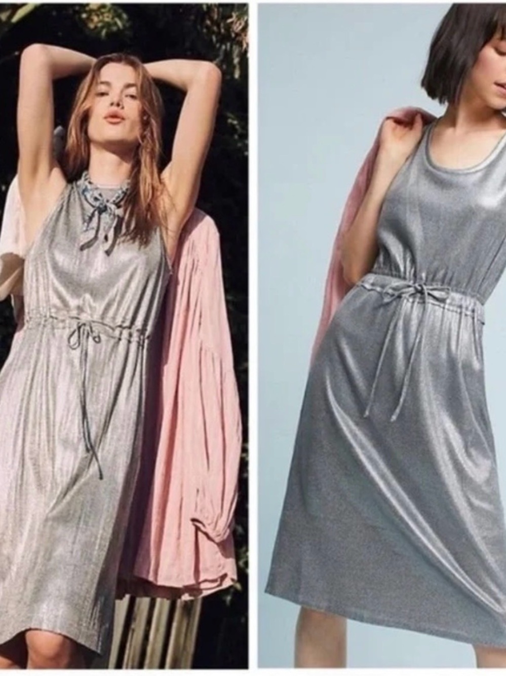 Anthropologie Dolan Silver Metallic Drawstring Midi Dress